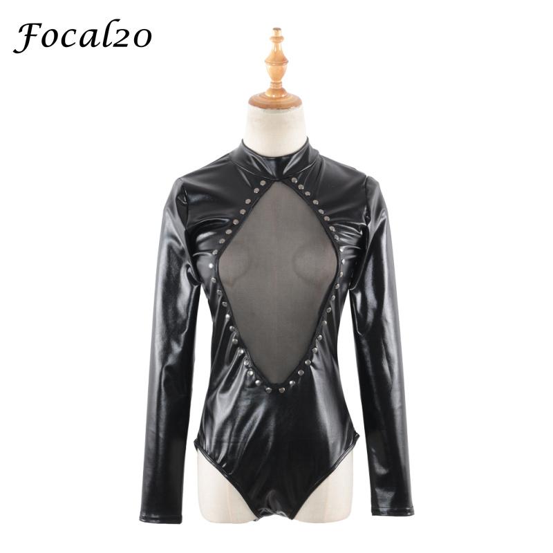 

Women's Two Piece Pants Focal20 Sexy Black PU Leather Women Bodysuit Long Sleeve Mesh Patchwork Bodycon Jumpsuit Skinny Costume Romper, As pic