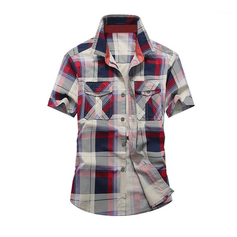 

Summer Trend Plaid Short-Sleeved Shirt 95Cotton Casual Loose -4XL Red Green ShirtsTops Men' Shirts, Green plaid