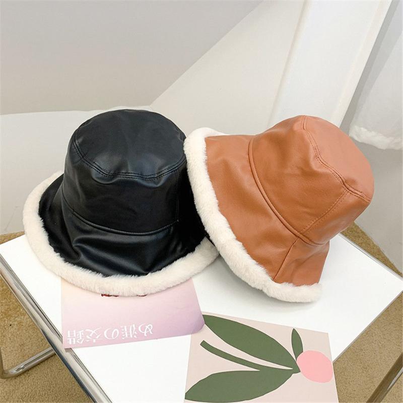 

Berets Women PU Leather Plush Casual Bucket Hat Fisherman Cap Sun Panama, Black