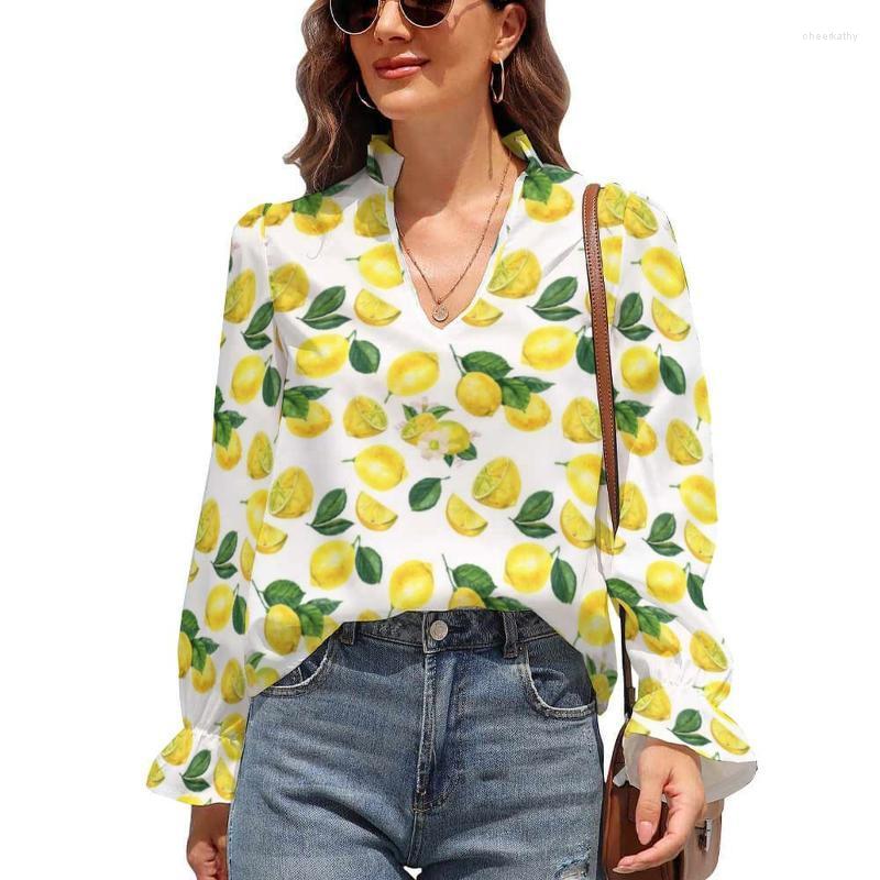 

Women's Blouses & Shirts Yellow Lemon Print Chiffon Blouse V Neck Watercolor Fruit Pattern Office Work Spring Puff Sleeve Streetwear Shirt T, Style-7
