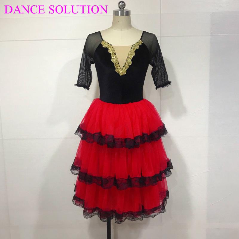

Stage Wear Tiered Romantic Tutu Skirt With Lace For Girls & Women Ballerina Dance Costume Spanish Dress Mid-Sleeve Long Ballet 19505Stag, Red and black
