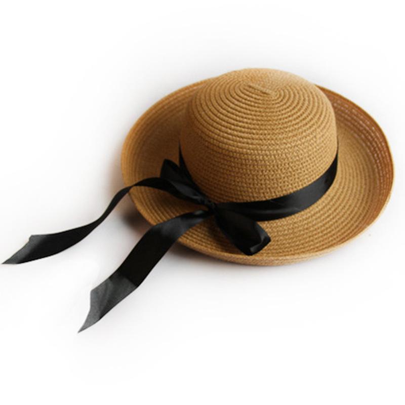 

Wide Brim Hats Summer Boater Sun Cap Ribbon Round Flat Top Straw Beach Hat Panama For Women UV Protection Sunhats, Black belt - beige