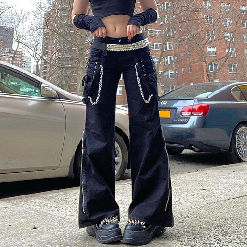 

Women' Pants & Capris Women Gothic Cargo Jeans Punk Style High Waist Straight Leg Baggy Wide Trousers Grunge Streetwear For Spring Fall, Black
