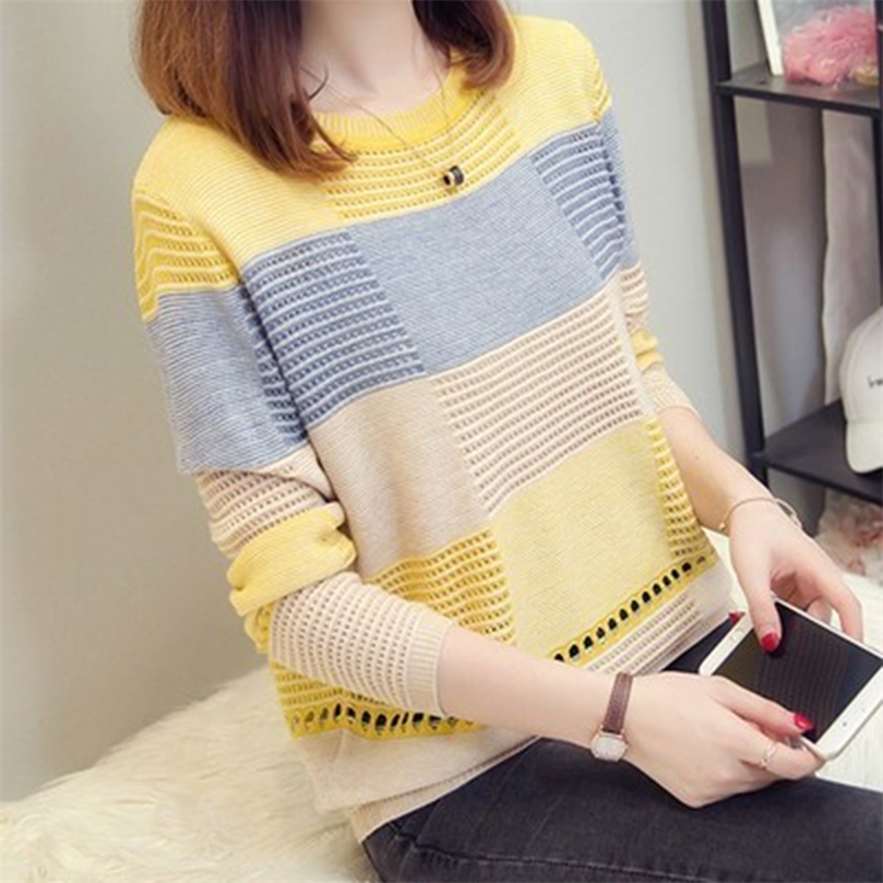 

Korean Style Womens Autumn Spring Sweaters Stripe Patchwork Knitted Ladies Tops Pull Jumpers O Neck With Long Sleeve Pullovers 220813, Red