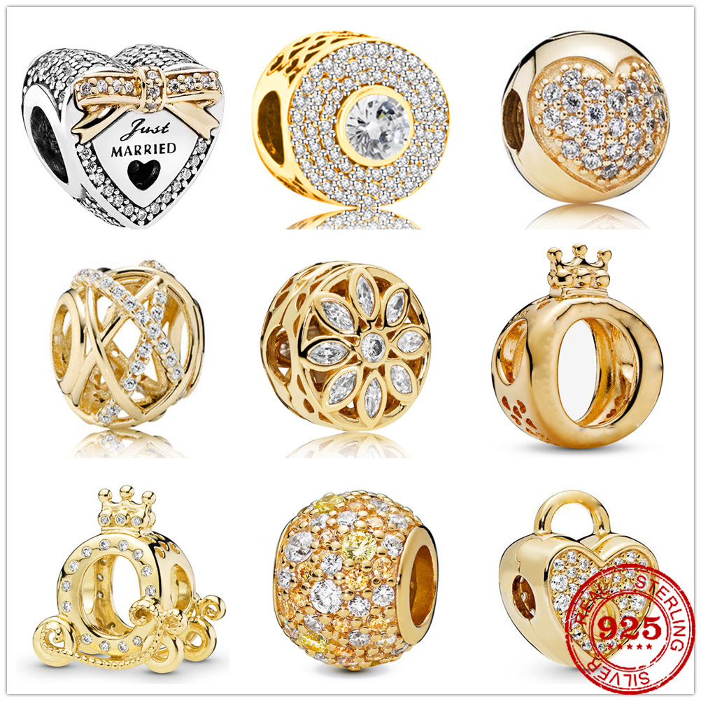 

925 Silver Fit Pandora Charm 925 Bracelet Bead Zirconia Sparkling Gold Charm charms set Pendant DIY Fine Beads Jewelry