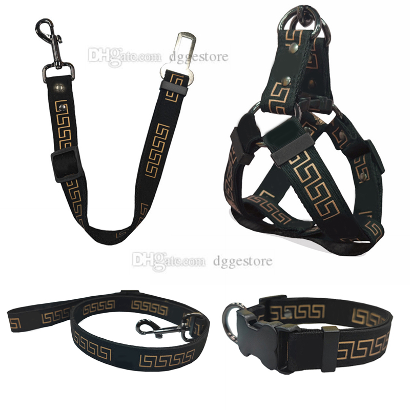 

Dog Collar Leashes Set Designer Dog Harness Leash Pets Car Seat Belts Classic Bronzing Font Pattern Pet Collars for  Medium Large Dogs Bulldog Corgi Golden B78