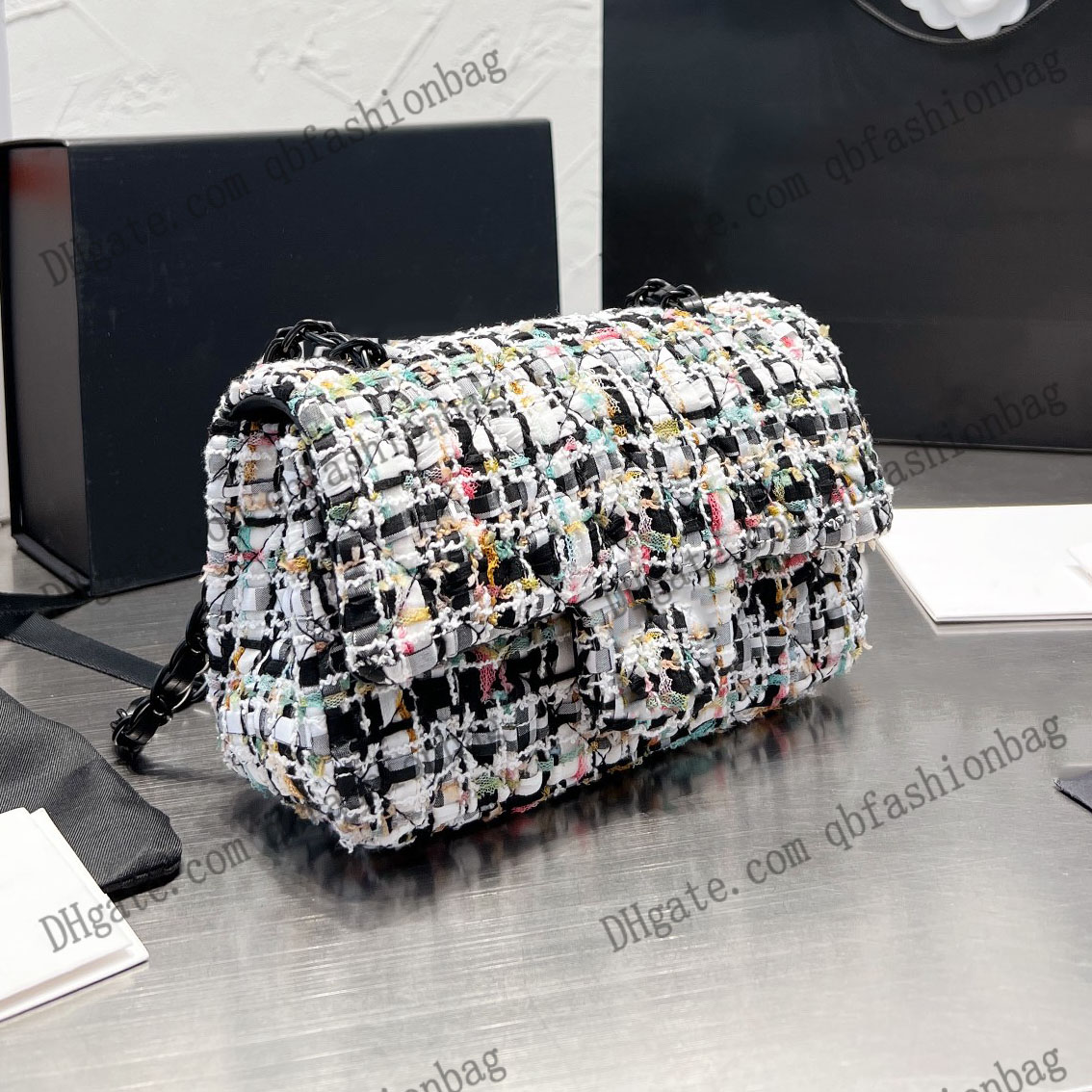 

French Womens Pre-Fall Tweed Flap Bag Multi-Color Quilted Black Chain Designer Handbags 20CM, Box