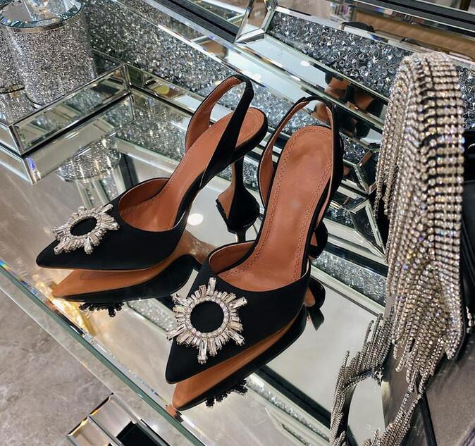 

High-heeled shoes Amina muaddi Begum dress shoes 9.5cm crystal embellished buckle dyed shallow shoes horseshoe with dress shoes evening strapless sandals. with box, Red