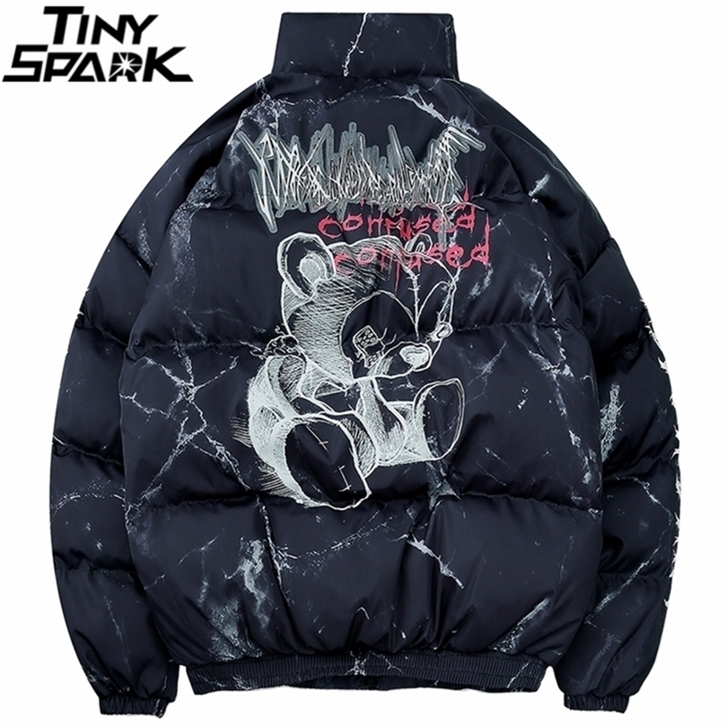 

Hip Hop Jacket Parka Hurt Bear Print Men Winter Windbreaker Streetwear Harajuku Padded Jacket Coat Warm Outwear Hipster 201209, A62308 white