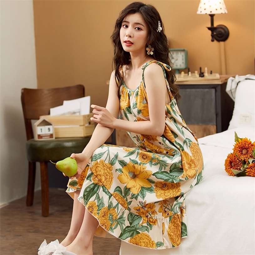 

Women Nightgowns Cotton Dress Sexy Spaghetti Strap V-Neck Casual Home Shirt Floral Print Sleepwear wear 220429, Fb-y2090