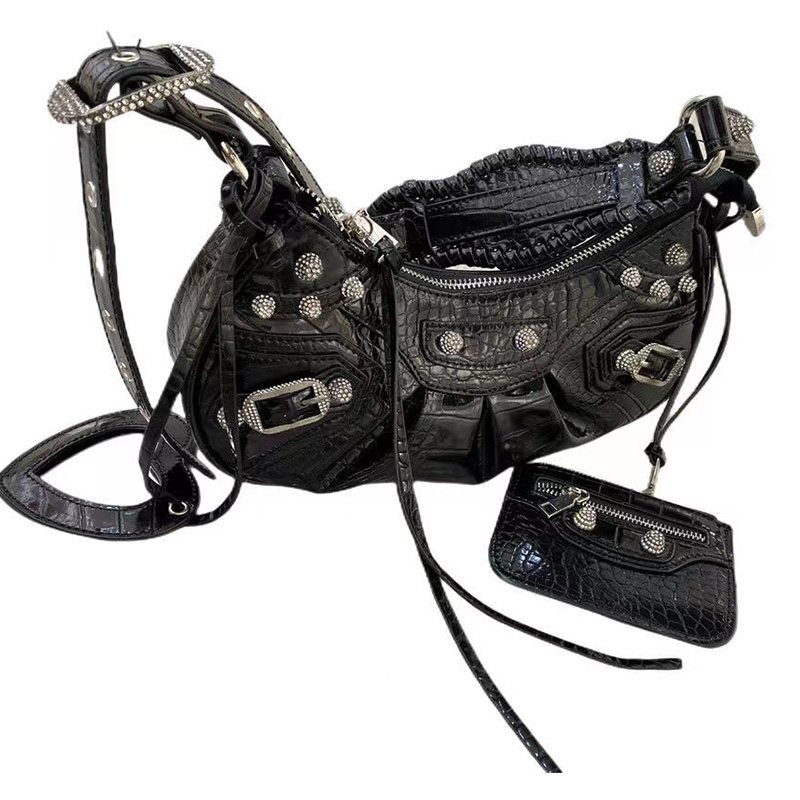 

Evening Bags Arrival Women lady Shoulder Bag Design Pleated Cross Body Messenger With Coin Purse Girl locomotive rivet diamond street Handbag real leather, Multi-color