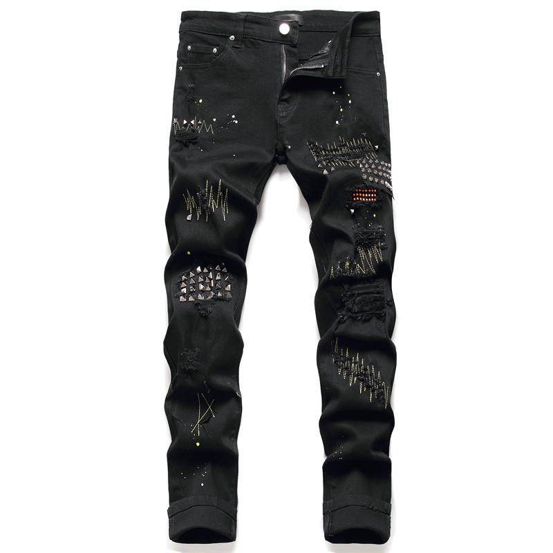 

Men's Jeans Fashion Hi Street Ripped With Rivet Destroyed Denim Pants Holes Streetwear Punk Style Rock Trousers Bottoms, Black