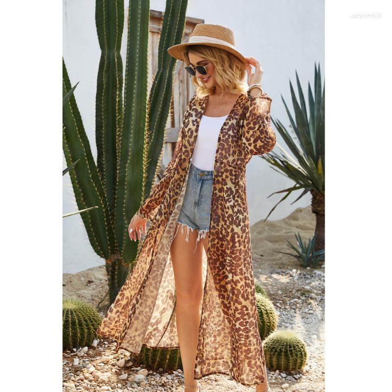 

Summer Beach Leopard Printed Kimono Cardigan Women Cover Up Long Tops Blouse Plus Size Loose Shirt#A3 Women' Swimwear, Brown