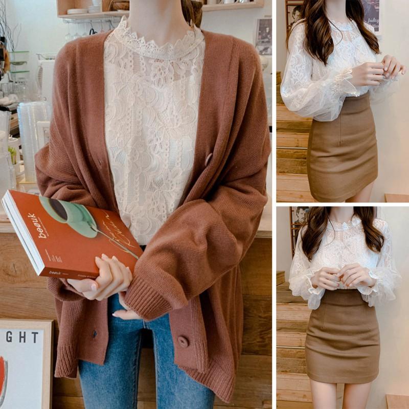 

Women' Blouses & Shirts Elegant Casual Chiffon White Shirt Autumn Long Sleeeve Lace Sweet Lantern Sleeve Tops 2022