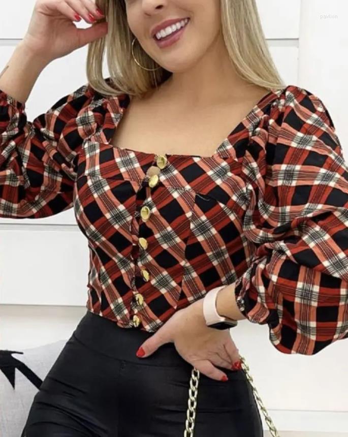 

Women's Blouses & Shirts Women Elegant Summer Plaid Shirt Top Fashion Female Y2K Long Lantern Sleeve Square Collar Button Corset T-shirtWome, Multi