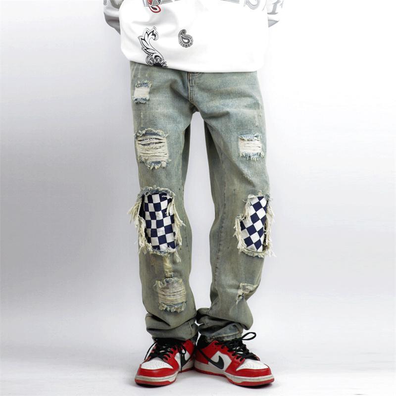 

Men's Jeans Hip Hop Streetwear Men Checkerboard Patchwork Vintage Washed Denim Pants Harajuku Punk Fashion Straight TrousersMen's, Blue