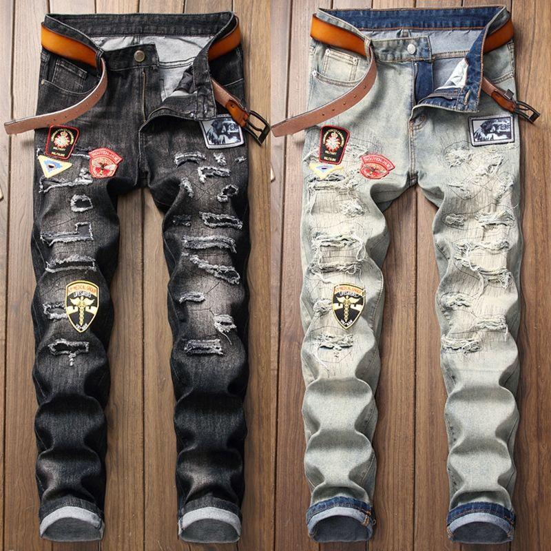 

Men's Jeans Hole Nostalgic Personality Badge Men Retro Patch Straight Slim Pants Black And White Color High Quality -kerMen's, Same as picture