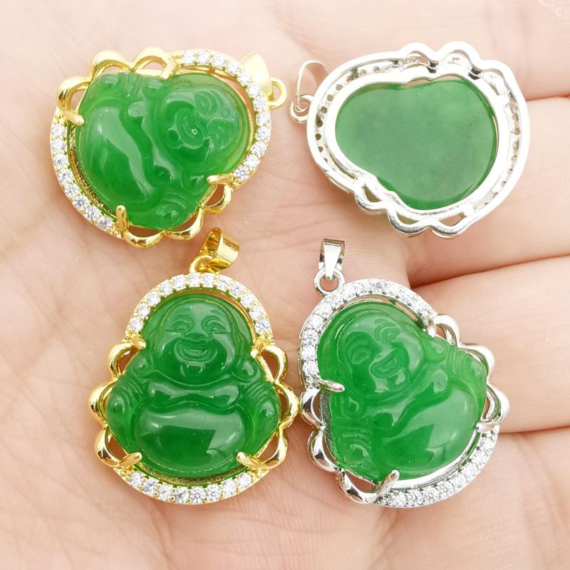 

Pendant Necklaces Buddha Green Jade Stone Inlaid Rhinestone Necklace Fashion Jewelry 1PCPendant