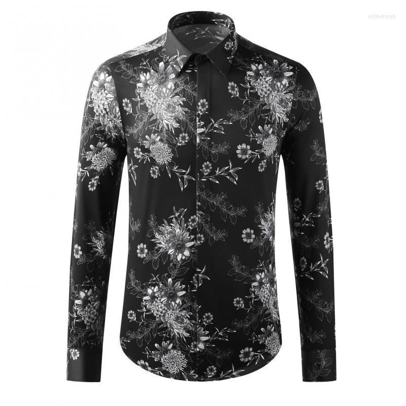 

Men's Casual Shirts Flower Printed Male Luxury Long Sleeve Allover Mens Dress Fashion Slim Fit Party Man 4XLMen's Eldd22, Black