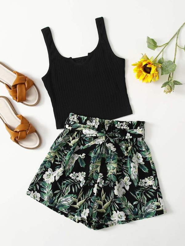 

Teen Girls Rib Knit Tank Top & Tropical Print Shorts Set SHE, Multicolor