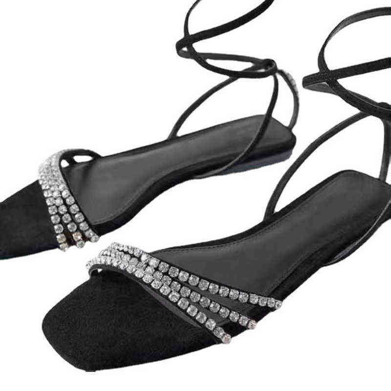 

Women Sandals Women's 2022 Summer Crystal Ankle Strap Ladies Flat Shoes Square Toe New Fashion Female Footwear Woman Sandal Party 220609, Black