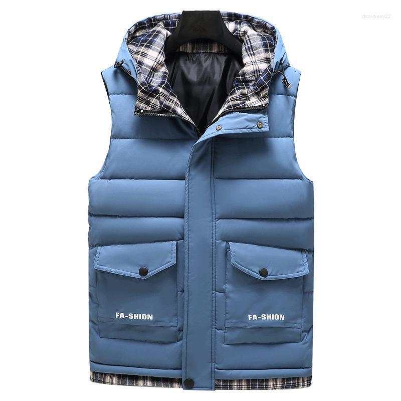 

Men' Vests Autumn Winter Vest Hooded Sleeveless Jacket Male Casual Thick Warm Brand Waistcoat Zipper With Pockets Outerwear Stra22, Beige