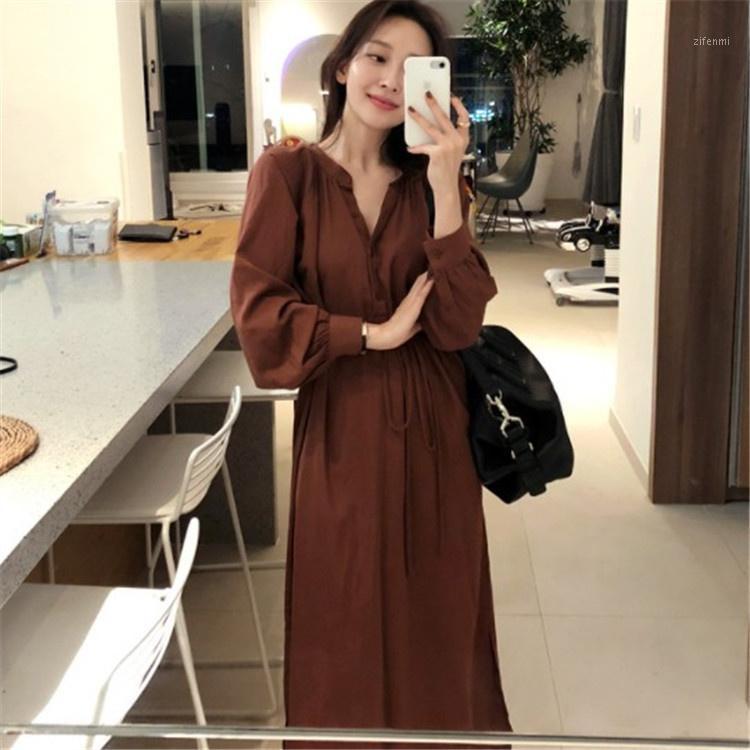 

Casual Dresses Spring 2022 Lacing Mid-length Shirt Dress Korean Style Loose Series Solid Color Lantern Sleeve Elegant Rac, Rusty red