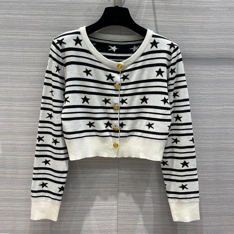 

Women' Knits & Tees Fashion Stars Stripes Cardigan For Women High End Quality White O-Neck Long Sleeve Starry Knit Short Tops Ladies 2022Wo, As pic