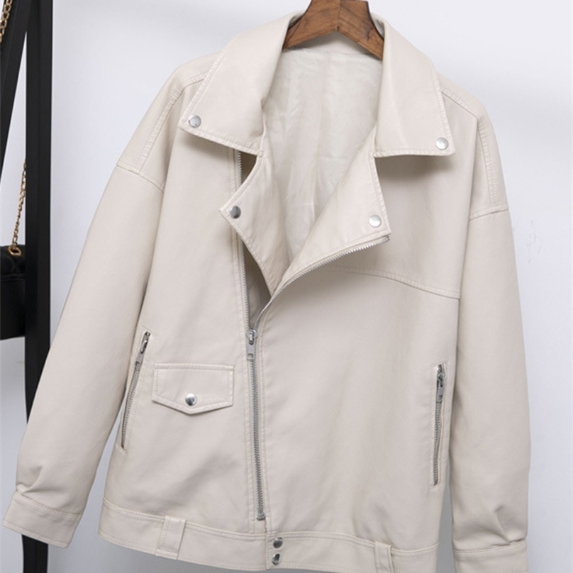 

Fitaylor Autumn Women Faux Leather Jacket Casual Loose Soft Pu Motorcycle Punk Leather Coat Female Zipper Rivet Outerwear 220813, Green