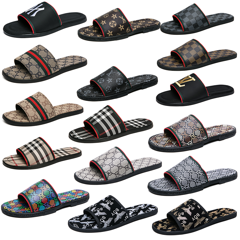 

16 styles Grid pattern designer luxury Brand men Slippers Genuine Leather Slides black brown Beach flip flop outdoor Indoor Flat Casual Sandals Sneaker, 1933 gold