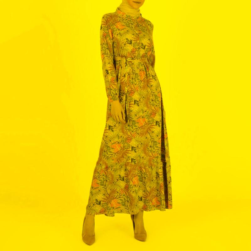 

Ethnic Clothing Vintage Floral Print Muslim Dresses For Women Crew Neck Single-breasted Maxi Dress Long Sleeve Full Cover Robe Self Belt Sli