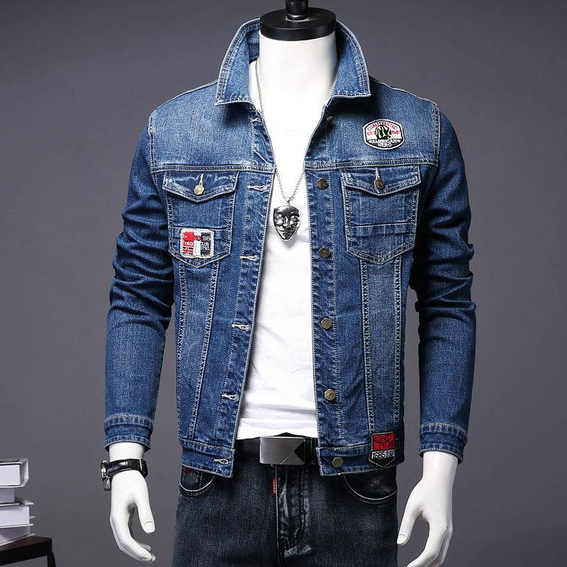 

Men's Jackets Men's Denim Jacket Casual Solid Color Lapel Single Button Slim Fitting With Medal Label Collection In Autumn 2022Men's, Photo color2