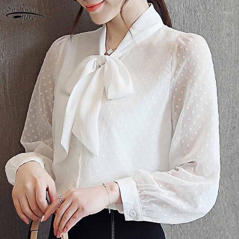 

Women's Blouses & Shirts 2022 Autumn Long Sleeve Chiffon Blouse Women Solid Tops Lace Elegant Bow Collar Slim Ladies' Blusas Mujer De Moda 1, White