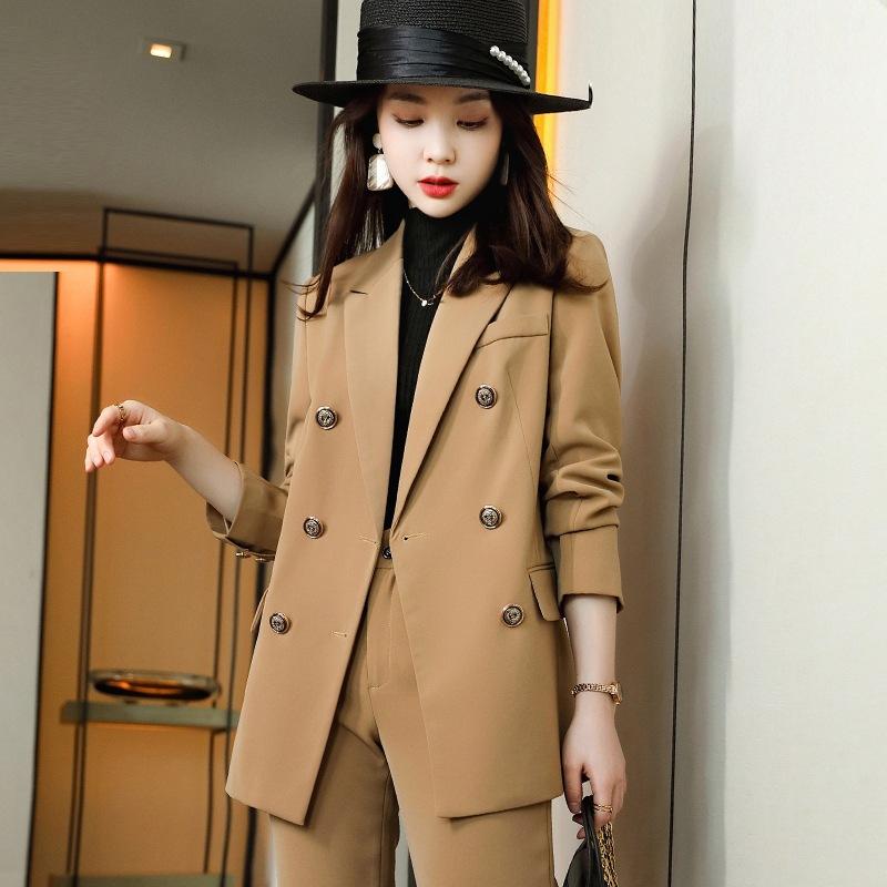 

Women' Two Piece Pants Spring Fall Korean Slim Business Blazer Pant 2 Set Women Office Lady Notched Jacket Trousers SuitsWomen, Beige