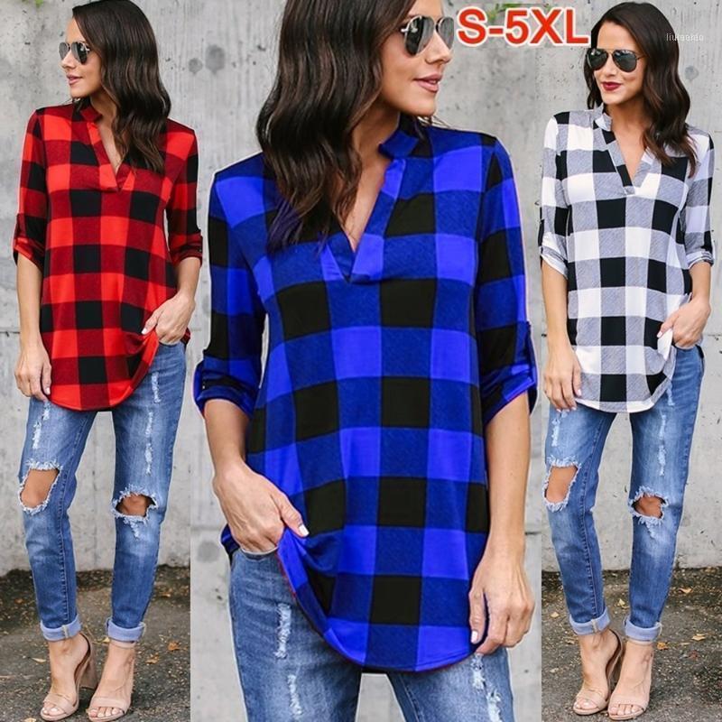 

Zogaa Plus Size Women Shirts Long Sleeve Blouses Lattice Tops Simple Loose Sexy Deep V-neck Pullover Ladies Casual Plaid, Black