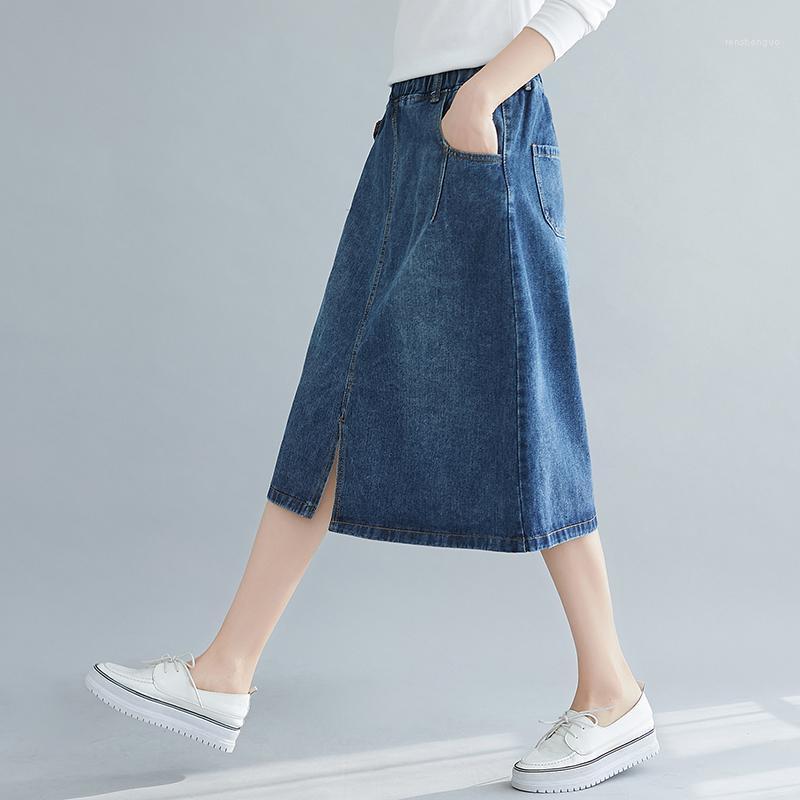 

Korean Style Women Denim Skirts Summer Casual Elastic Waist Jeans Midi Fashion Mujer Skirt DM001, Blue