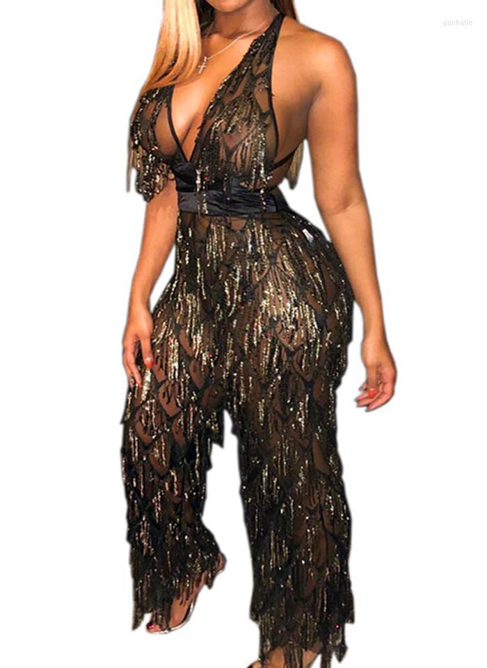 

Women' Jumpsuits & Rompers Women Sequin Sheer Mesh Sexy Jumpsuit Tassel V-neck Backless Romper Bodycon Club Outfit Party Luxurious Overalls, Black