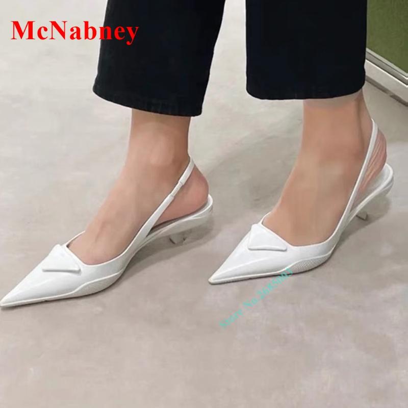 

Sandals Pointy Toe Kitten Heel Pumps Solid Slingback Bare Leather Women Shoe Sandal Party Dress Med Summer Designer, As pic