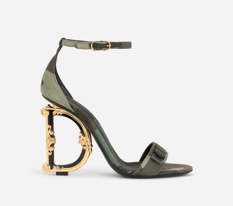 

Luxury Brands Heel Keira sandals Shoes baroque camouflage patch oversized satin sandals Women Dress Shoe Ladies High Heels Party Wedding EU35-4BOX