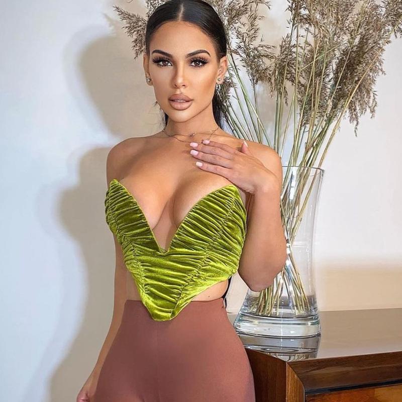 

Women' Tanks & Camis Sexy Deep V-Neck Velvet Bustiers Crop Tops Women Off-Shoulder Low Cut Tank Backless Ruched Pleated Wrap Tube CorsetsWo, Green
