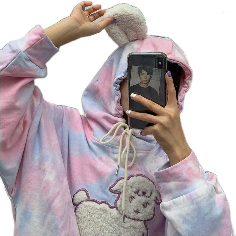 

Autumn Tie-dye Women Sweatshirt Harajuku Kawaii Cartoon Lamb Wool Hoodie Female Embroidery Rainbow Pullover Mujer Women's Hoodies & Sweatshi, Pink