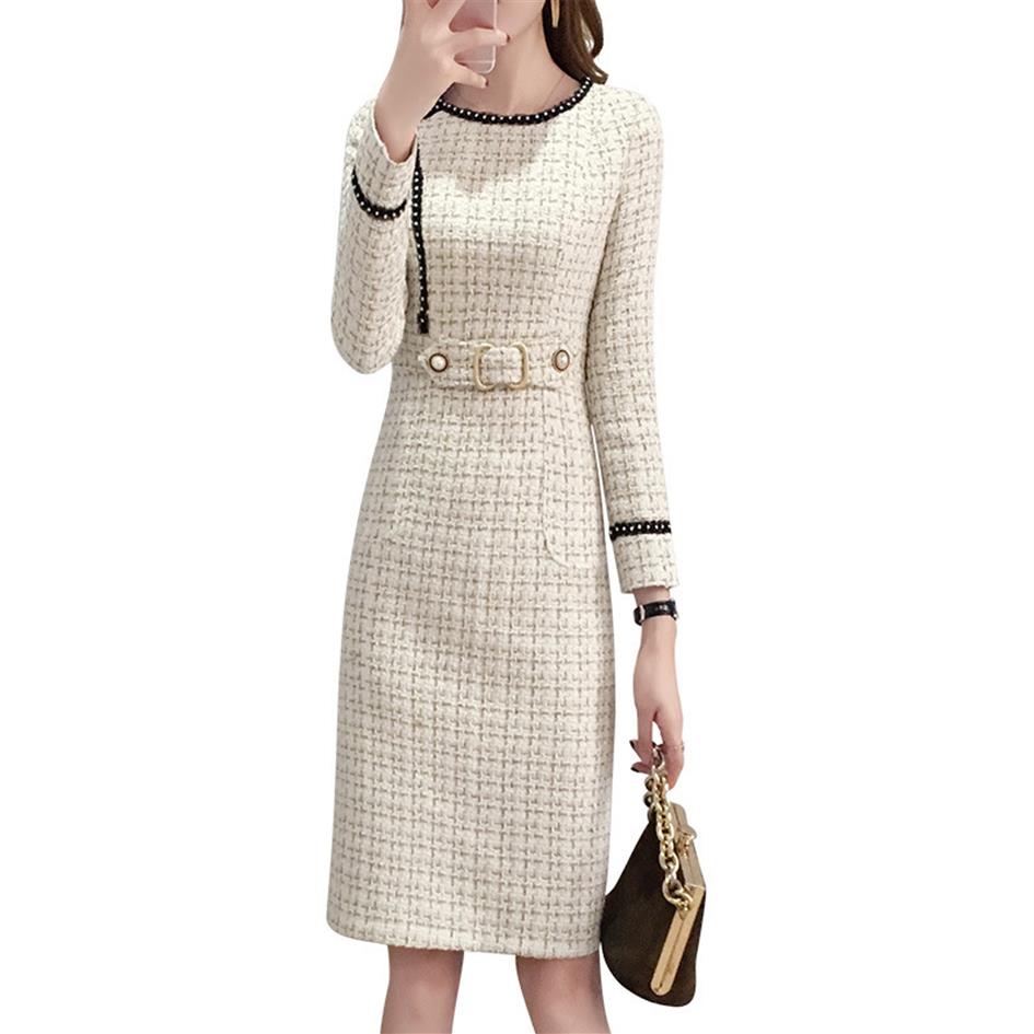 

New Tweed Dress Women Spring Vintage Wool Plaid Dresses Female Elegant Wool218v