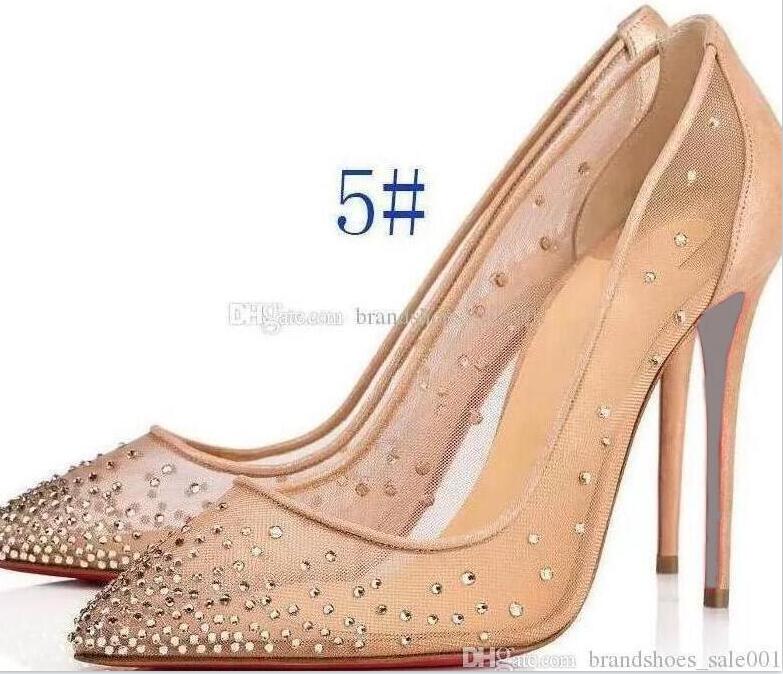 

With Box Stiletto Heel shoe Spring Summer Elegant Styles Women Rhinestone high Heels Red Bottoms Crystals Pointed Toe Mesh Pumps Soles 8 10 12cm, 1#