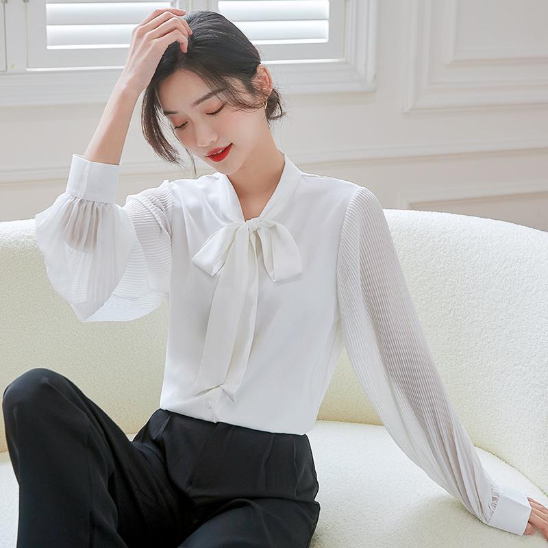 

Women's Blouses & Shirts Casual Puff Sleeve Blouse For Women Chic Fashion White Woman Bow Elegant Office Long Top Female SM21Women's