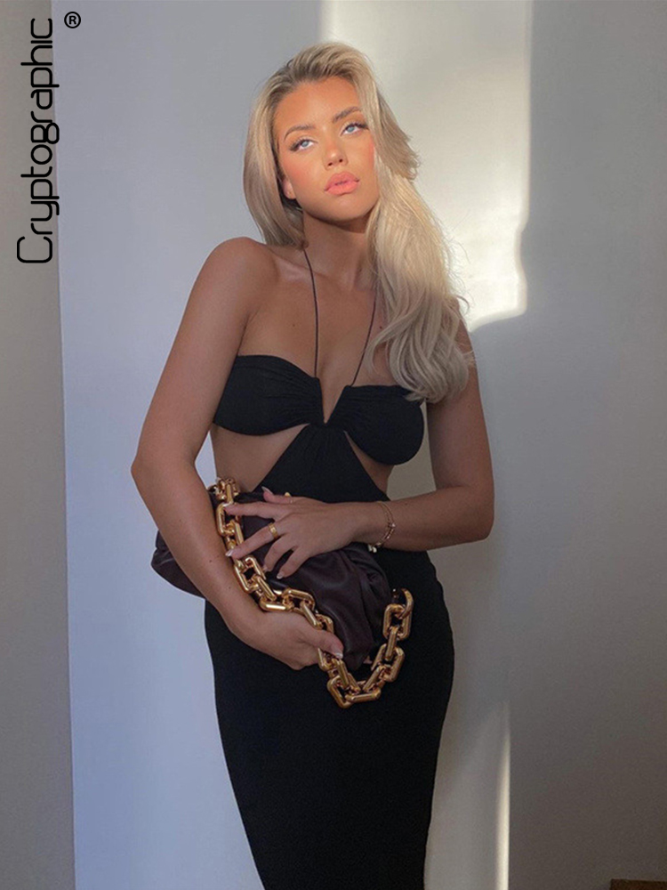 

2022 Summer Spaghetti Strap Halter Sexy Backless Midi Dress Elegant Bandage Sleeveless Club Party Dresses Bodycon, Black