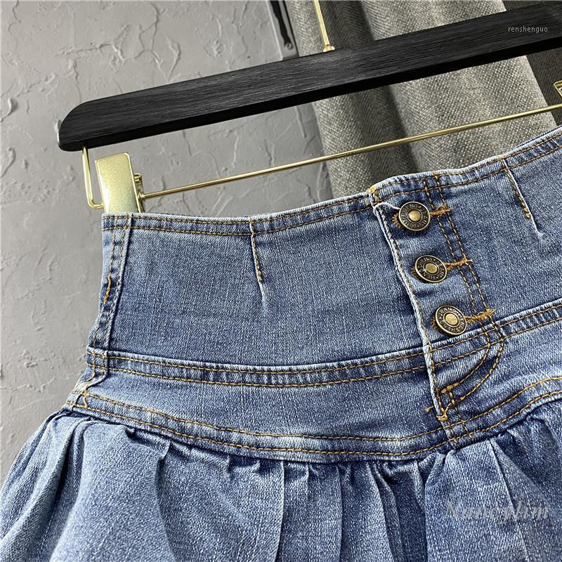

Korean Style Single-Breasted High Waist Ruffles Cake Skirt Woman 2022 Spring Summer Bubble Jeans Skirts Girls Students, Dark blue