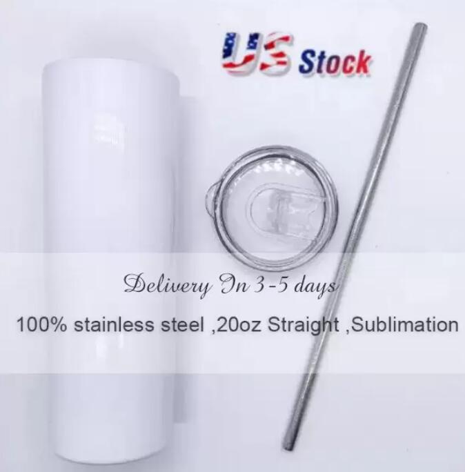 

24 Hours Fast US Local Warehouse 20oz Straight Mugs Sublimation Tumblers With Straw 304 Stainless Steel Water Bottles Double Insulated Blank Mugs Outdoor Cups C0610, White