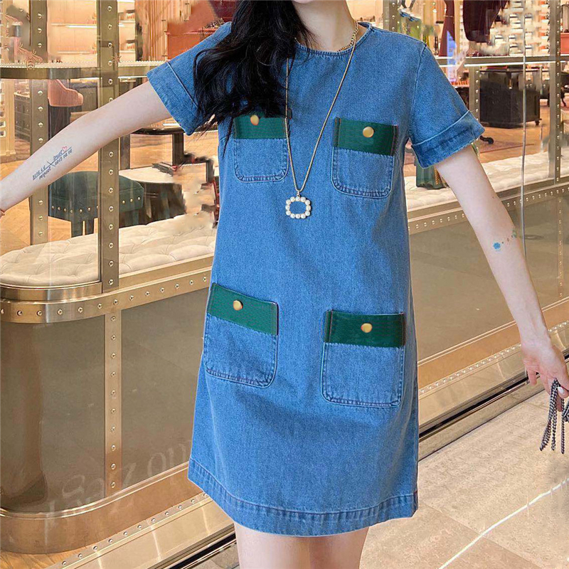 

Classic Brand Dresses Denim Skirts For Women Short Sleeve Ladies Casual Dress Summer Womens Designer Clothing, Blue