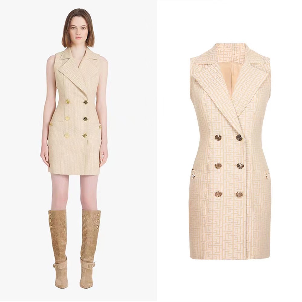 

B-088 Top Quality Original Design Women's Working Dress Metal Buckles Double-breasted Slim Shawl collar OL Style Back Zipper Khaki Career Costume