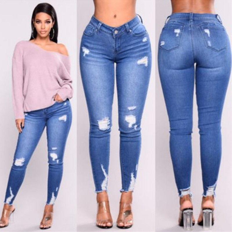 

Women' Jeans Women Fashion Ripped Elastic Pants Causal Trousers Hole Skinny Pencil Woman, Blue